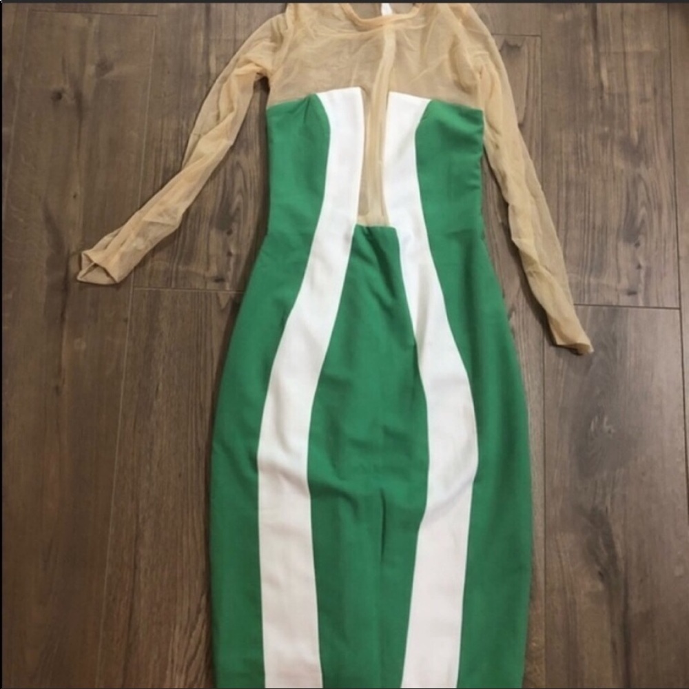 AQAQ Green & White Long Sleeve Midi Bodycon Dress - Picture 3 of 4